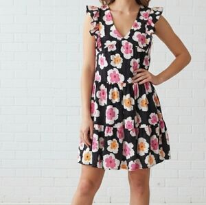 EeSome Black Pink Orange Flowy Floral Cap Sleeve Dress Size Large